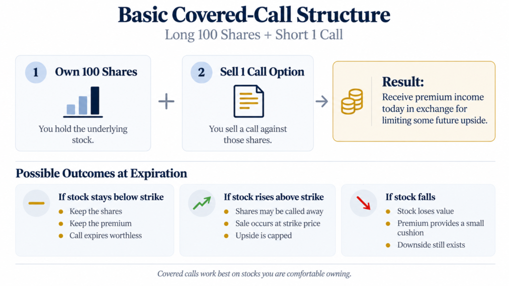 Basic covered-call structure showing long 100 shares + short 1 call graphic