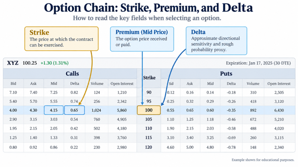 Option chain with strike, premium and delta highlighted