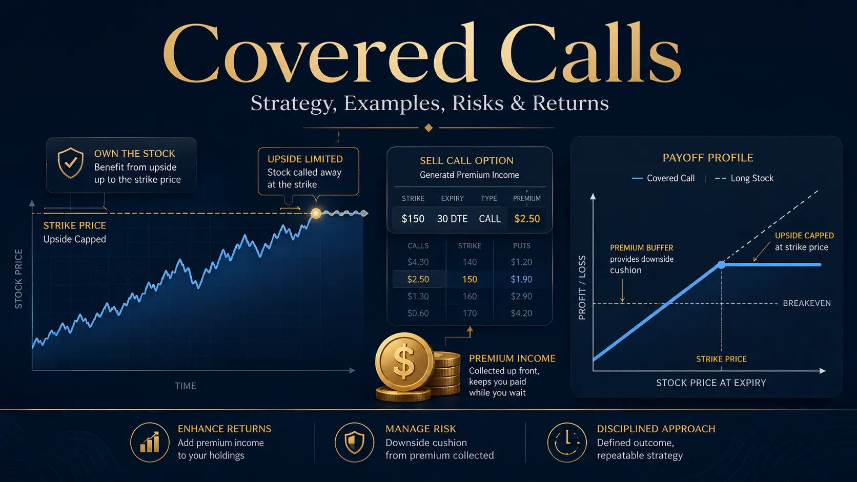 Covered calls infographic showing strategy, premium income, strike price cap and payoff profile