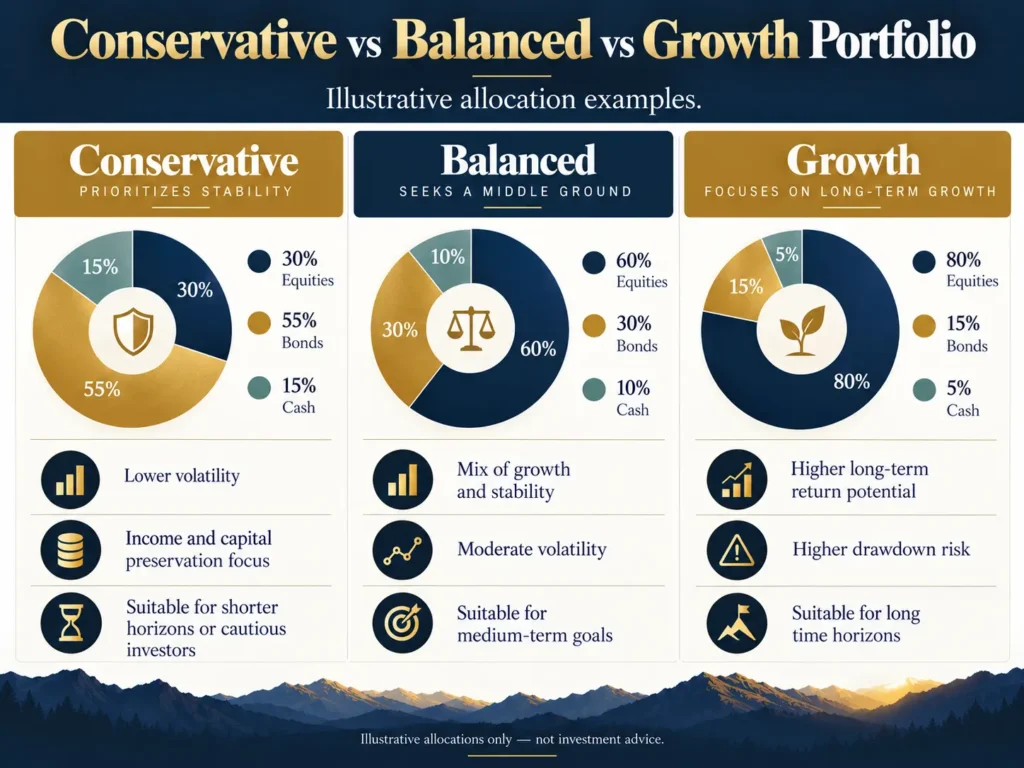 Illustration comparing conservative, balanced, and growth portfolio allocations across equities, bonds, and cash.