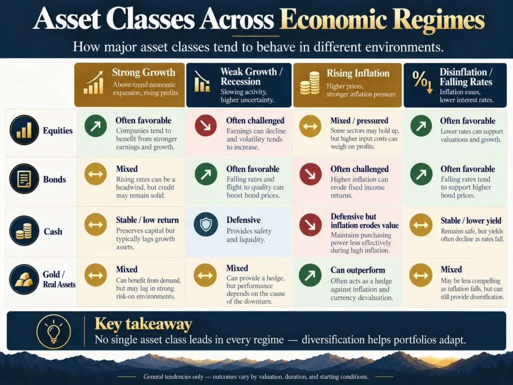 Infographic showing how equities, bonds, cash, and gold or real assets tend to behave across different economic regimes.